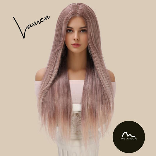 LAUREN 【WA-SM002】 Ash Pink Wavy Wig 26 Inch Synthetic 1.5 * 6 Cm Lace Frontal Daily or Party