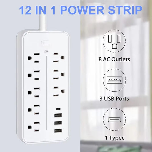 US Outlets Power Strip Multitap Socket AC110V Extension Cord Electrical with USB Type C Fast Charging with Overload Protection