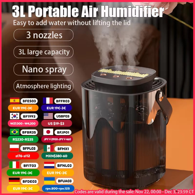 3L Air Humidifier Portable Small Aroma Diffuser 3 Spray Ports Large Capacity Usb Umidificador Home Essential Oil Cool Mist Maker