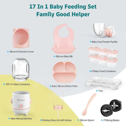 Baby Food Maker, 17-In-1 Baby Food Processor Set for Baby Food, Fruit, Vegatable, Meat, Baby Food Puree Blender with Baby Food Containers, Food Freezer Tray, Silicone Spoons, Spatula (Pink)