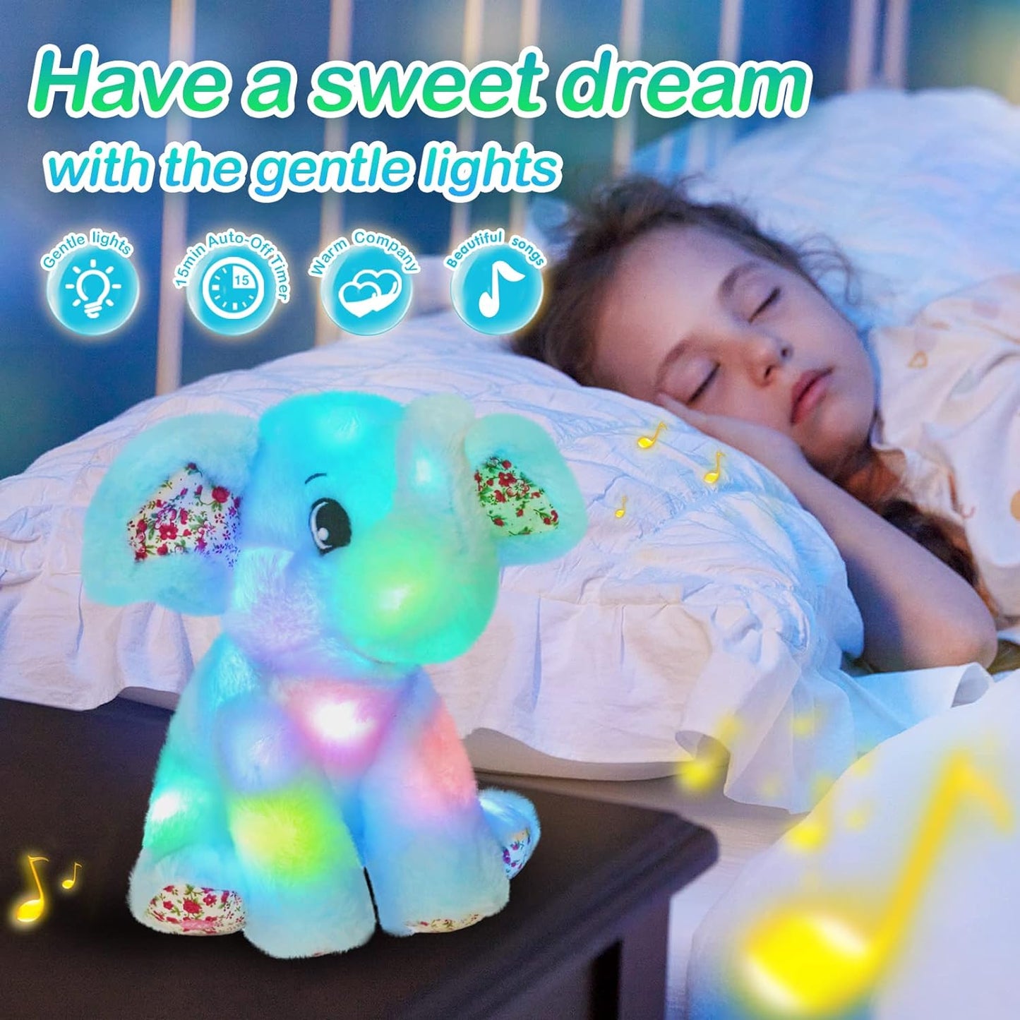 12‘’ Musical Light up Elephant Plush Toy Floppy LED Stuffed Animals Lullabies Nightlight Bedtime for Kids Birthday Valentines for Toddlers, Blue