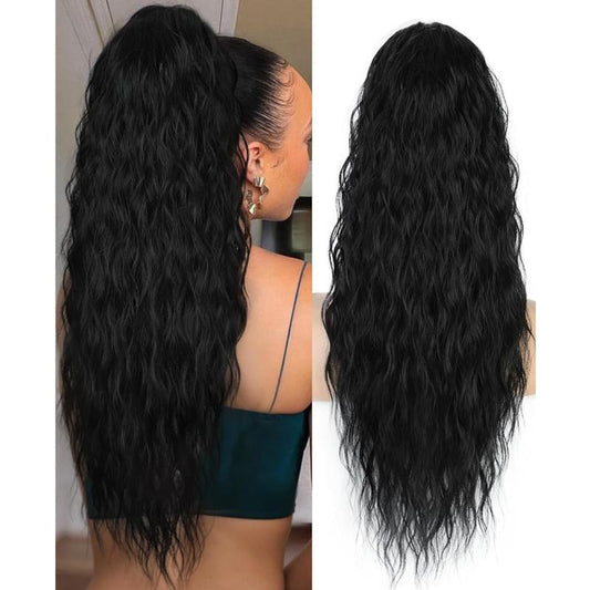 MAQUIUAGE 26 Inch Long Black Drawstring Ponytail Extension for Women Synthetic Long Curly Wavy Clip in Ponytail Hair Extensions for Daily Party Use