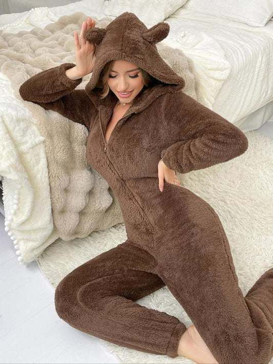 Women'S Solid Zip up Hooded Fuzzy Onesie, Casual Long Sleeve Flannel Jumpsuit for Fall & Winter, Women'S Sleepwear for Indoor Wear Onesies Pajama