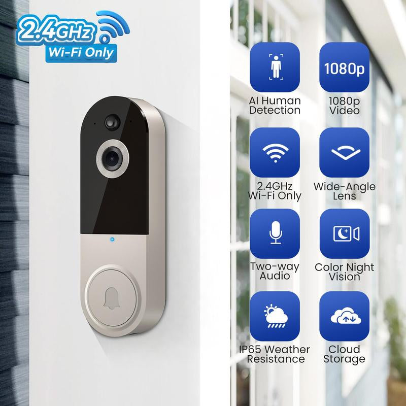 Smart Wireless Video Doorbell Camera, AI Human Detection Video Doorbell Outdoor Camera, Two-Way Audio Video Doorbell Camera with Real-Time Alerts & Motion Detection, Security Cameras