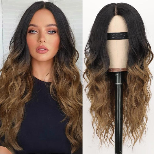 [Black Friday]Nnzes Long Brown Wavy Wig Middle Part Curly Wigs Lace Hairline Wigs for Women Black to Brown Synthetic Heat Resistant Wigs for Daily Part Use